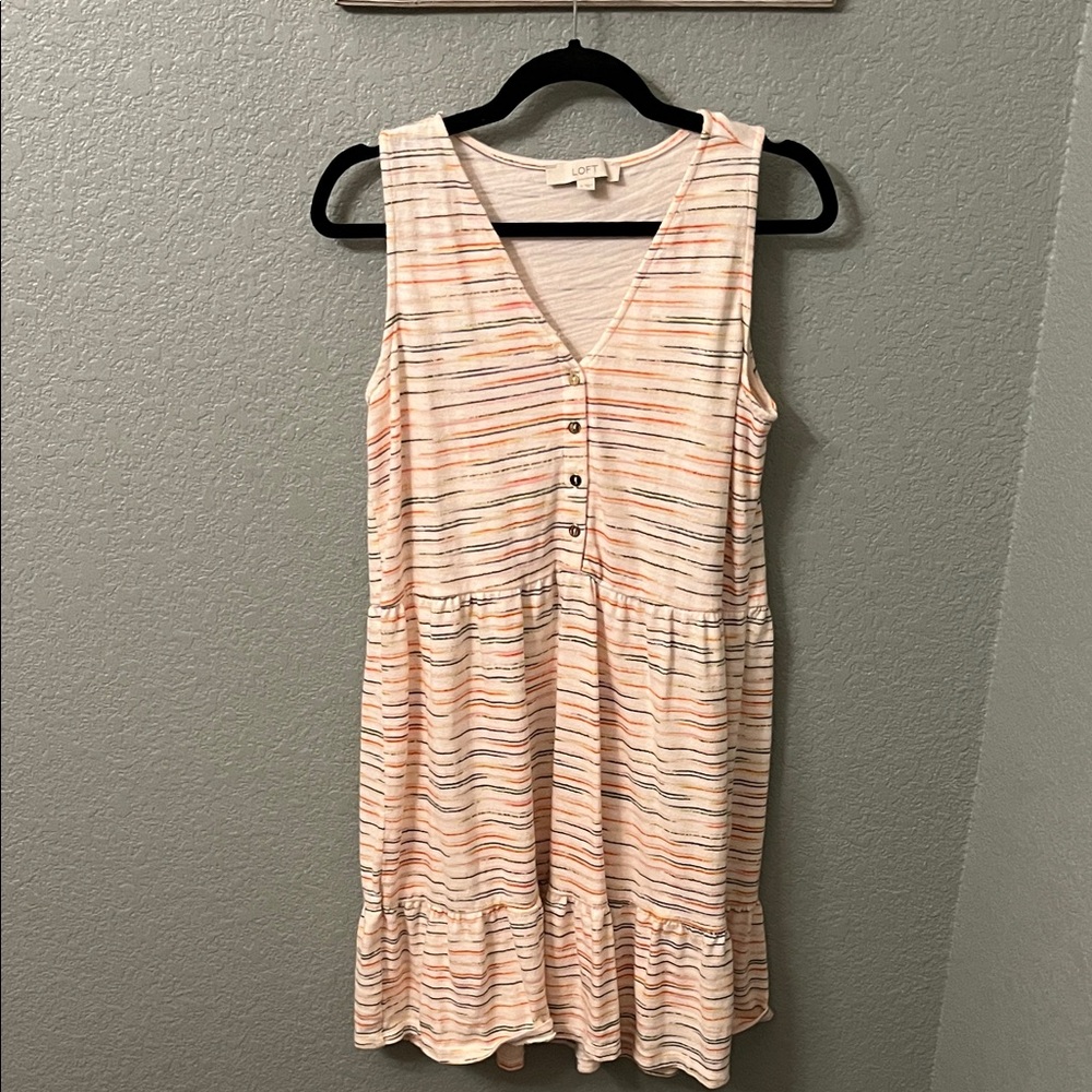 LOFT Cream Sleeveless V-Neck Striped Tiered Mini Dress